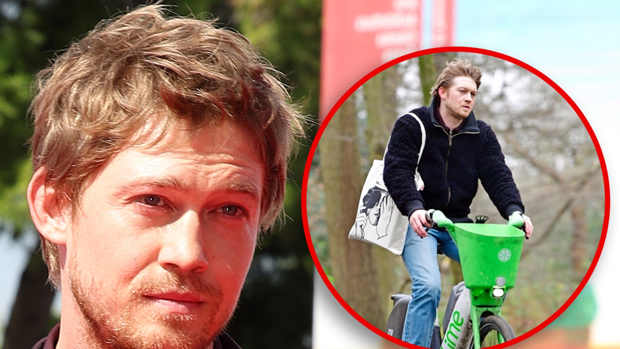 Joe Alwyn looks dejected as he rides his bike in London the day after Christmas