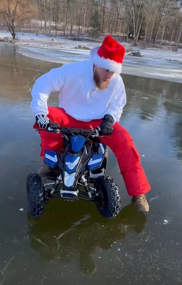 Jake Paul tries to ride an ATV across a frozen pond with his brother Logan on Christmas Eve