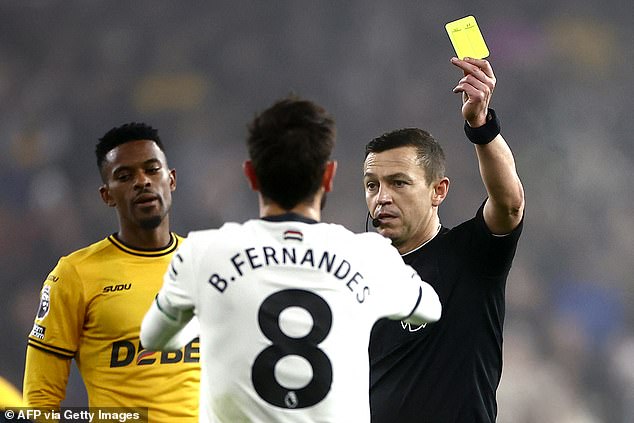 Bruno Fernandes receives his THIRD red card of the season after the Man United star lunged at Nelson Semedo at the start of the second half against Wolves.