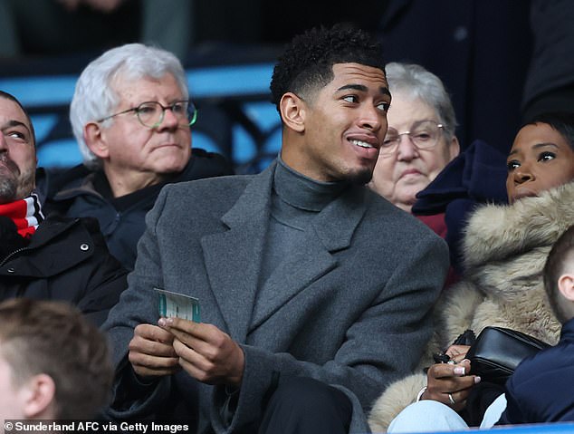 Jude Bellingham appears to join in on the X chant about Alan Shearer, as he watches his brother Jobe play for Sunderland on Boxing Day during Real Madrid's winter break.