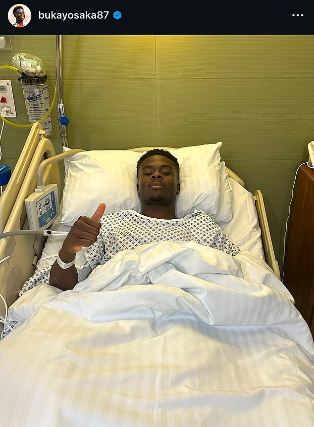 Bukayo Saka breaks silence on hamstring injury with update to fans from hospital bed… as Arsenal's main man prepares for 'up to two months' on the sidelines after surgery