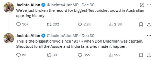 Victorian Prime Minister Jacinta Allan boasts of huge crowd at Boxing Day test and receives EMBARRASSING response