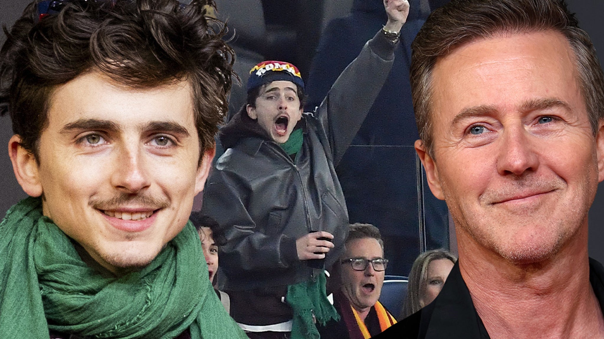 Timothée Chalamet and Edward Norton celebrate at a soccer match in Italy