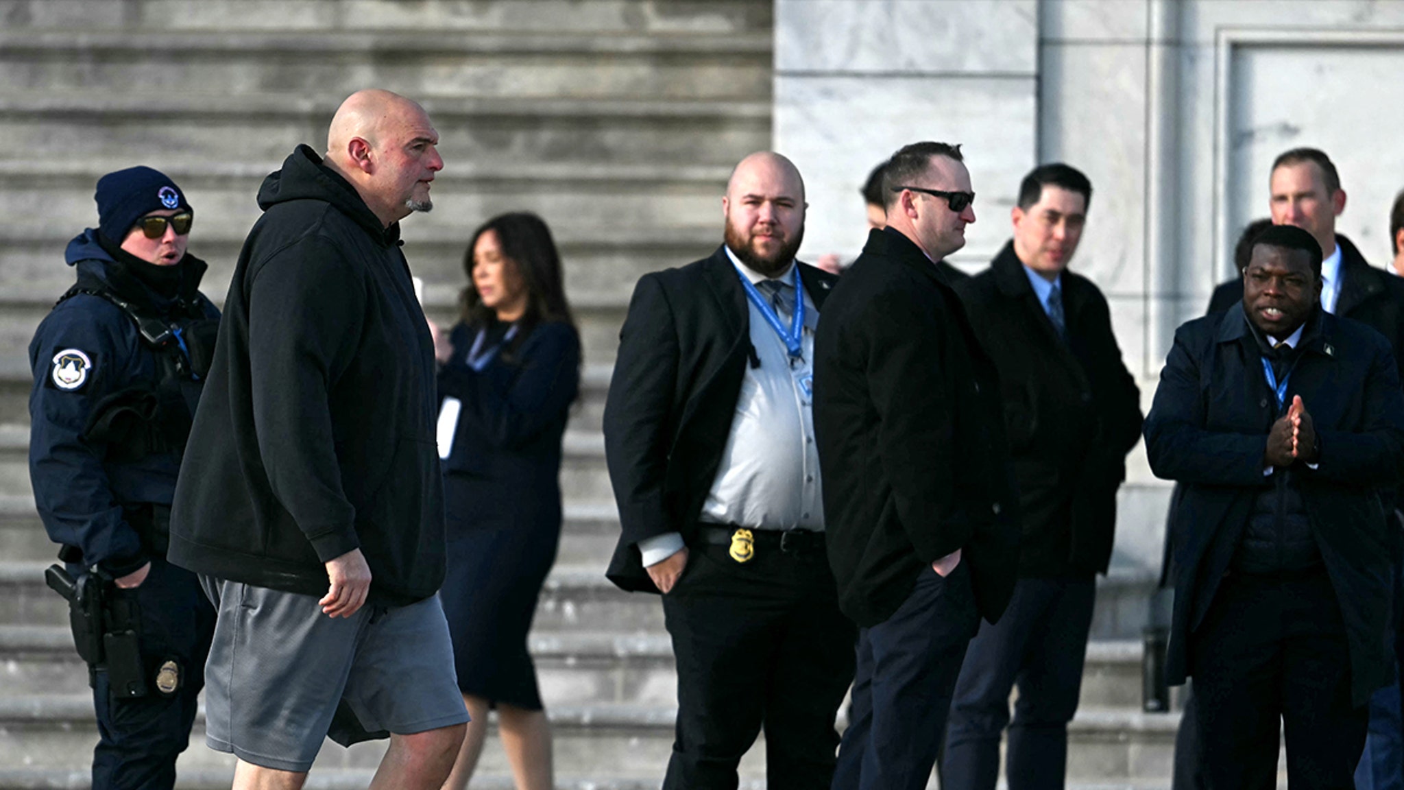 PA Senator John Fetterman wears signature shorts and hoodie at the Capitol