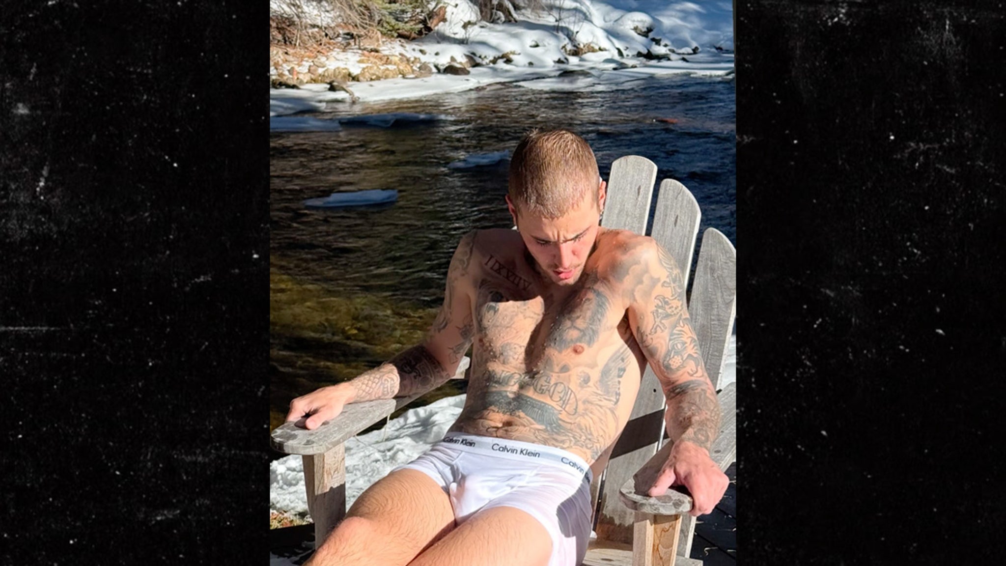 Justin Bieber strips down to his Calvin Klein briefs in “Snowy Getaway.”