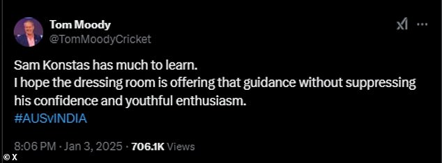 Australian cricket great Tom Moody urges batting dynamo Sam Konstas to reign in his aggressive attitude against India: 'he has a lot to learn'