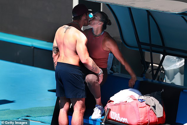 Aryna Sabalenka and her handsome boyfriend Georgios Frangulis are getting VERY affectionate on court at the Australian Open after she sparked engagement rumours.