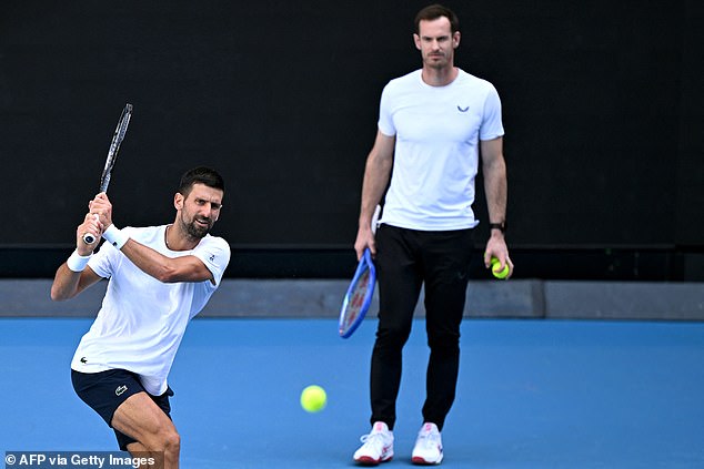 Andy Murray gets to work coaching Novak Djokovic as the tennis legends are pictured on the practice courts ahead of the Australian Open.