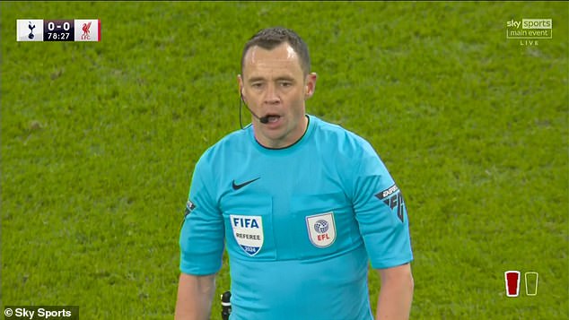 Referee Stuart Attwell makes the FIRST VAR announcement at the stadium during Tottenham's Carabao Cup semi-final against Liverpool, as the official reveals why Dominic Solanke's goal was disallowed.