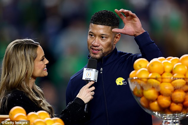 Fans criticize ESPN reporter who 'makes fun of race' for 'totally unacceptable' question to Notre Dame coach Marcus Freeman