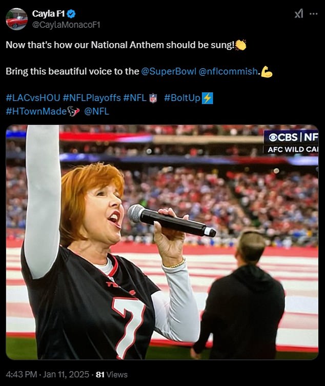 Everyone says the same thing about the simple national anthem before the Texans-Chargers playoff game.