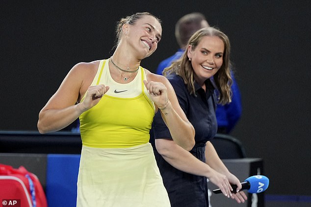 The defending champion baffles Australian Open fans by causing a stir on live television after securing her passage to the second round.