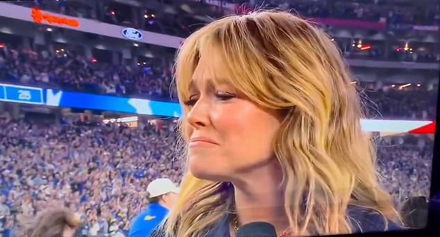 Moment Rachel Platten breaks down in tears after emotional national anthem at Rams-Vikings amid Los Angeles wildfires