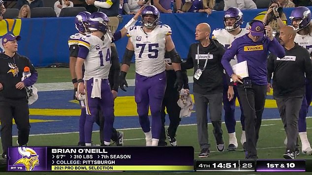 Vikings star Brian O'Neill suffers a sickening head injury during the playoff game against the Rams.