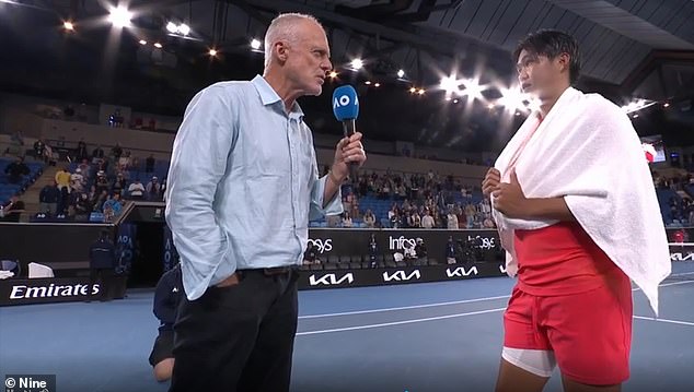 Australian tennis legend John Fitzgerald's 3am interview with Australian Open star Learner Tien after his epic win over Daniil Medvedev goes viral for all the WRONG reasons