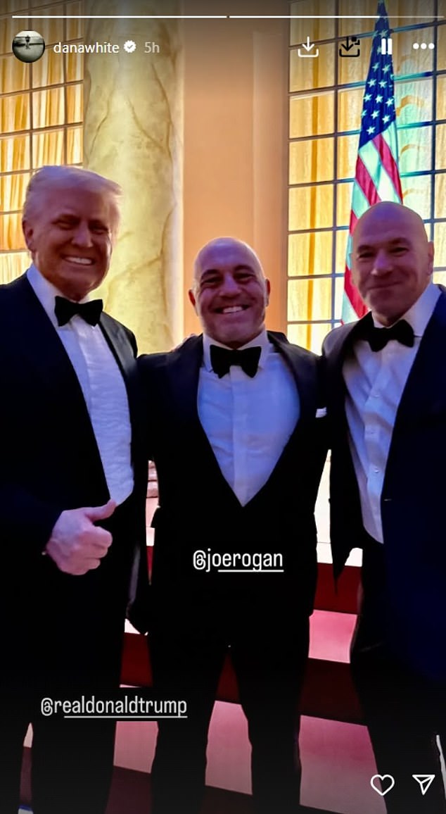 Donald Trump is all smiles with UFC's Dana White and Joe Rogan at pre-inauguration gala evening