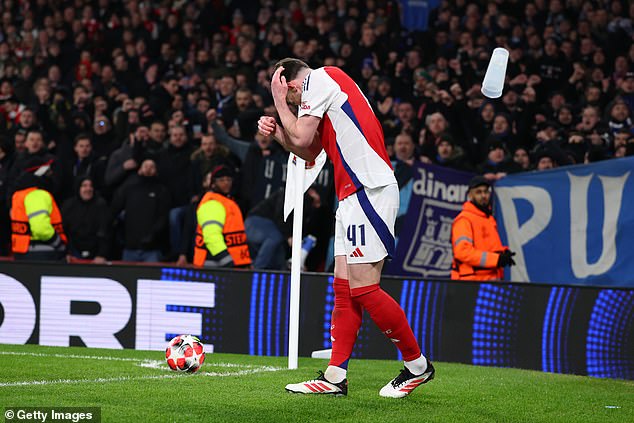 Arsenal star Declan Rice was attacked by objects thrown by Dinamo Zagreb fans after the midfielder gave the Gunners a lead in the Champions League.