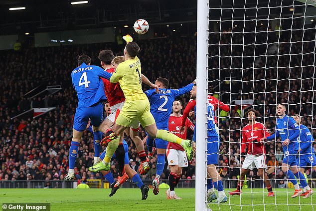 Strange moment when Jack Butland puts the ball into his own goal to give Man United the lead against Rangers in the Europa League.