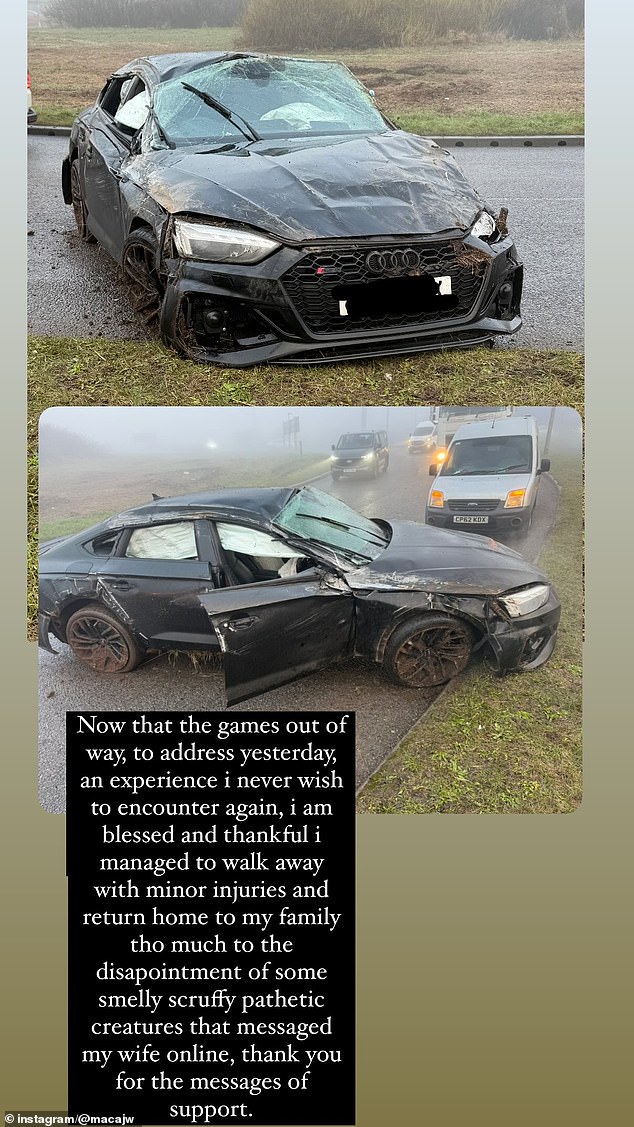 James McClean points to the 'pathetic creatures' while revealing the damage of his shattered car, after captaining Wrexham only one day after being involved in an accident.