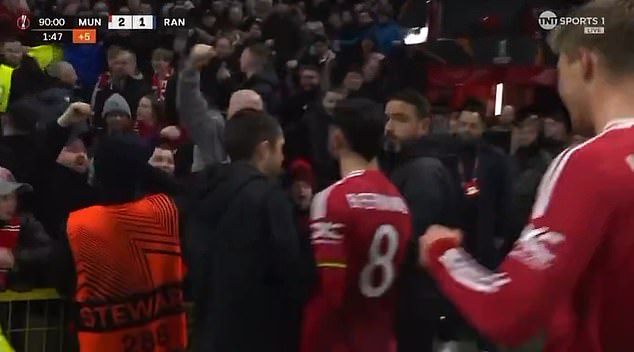 Fans claim they watched Rasmus Hojlund 'Shove Rangers Staff Member' as Man United celebrate Bruno Fernandes' late winner in Europa League clash.