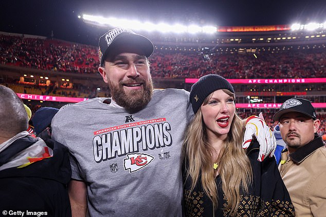 The images show Taylor Swift 'hit' while with Travis Kelce AFC celebrations in Chiefs