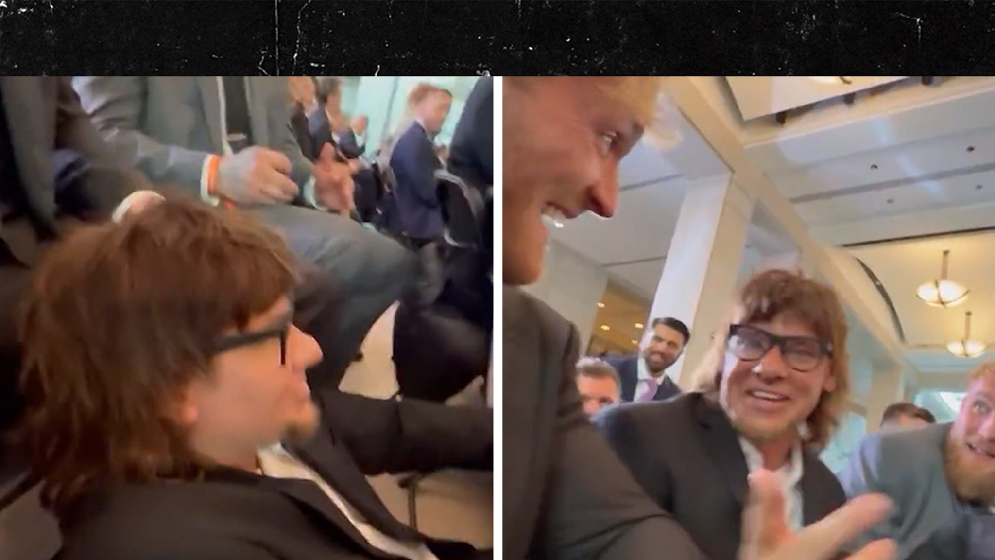 Theo Von falls into Logan Paul's lap after the chair breaks at the inauguration