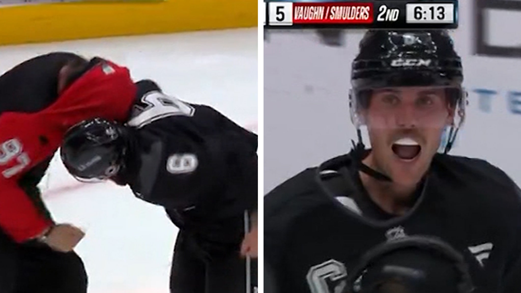 Justin Bieber plays playfully with Jeremy Roenick in the charity game