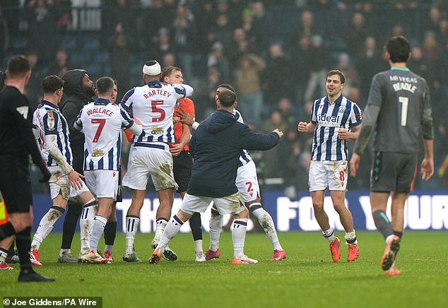 West Brom's defender, Kyle Bartley, is sent during full -time failures after catching his opponent with an elbow in the central circle