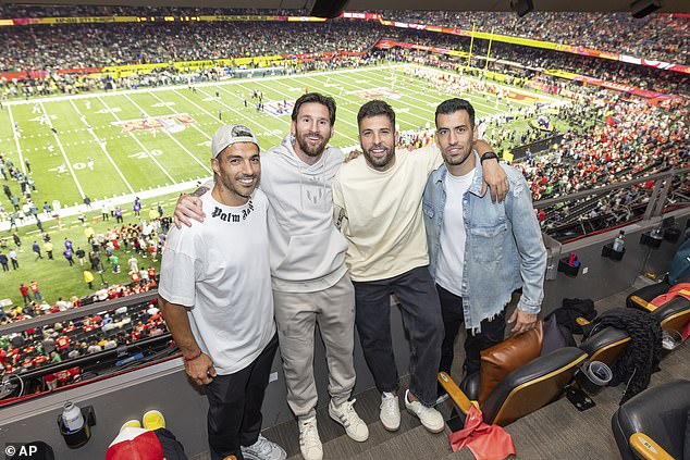 Lionel Messi and Inter Miami teammates have a pose while attending Super Bowl Lix, with Luis Suarez joining the Argentine in the luxury suite