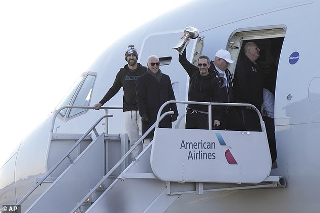 The Eagles land in Philadelphia with the Super Bowl trophy after flying to the Kansas City Away bosses