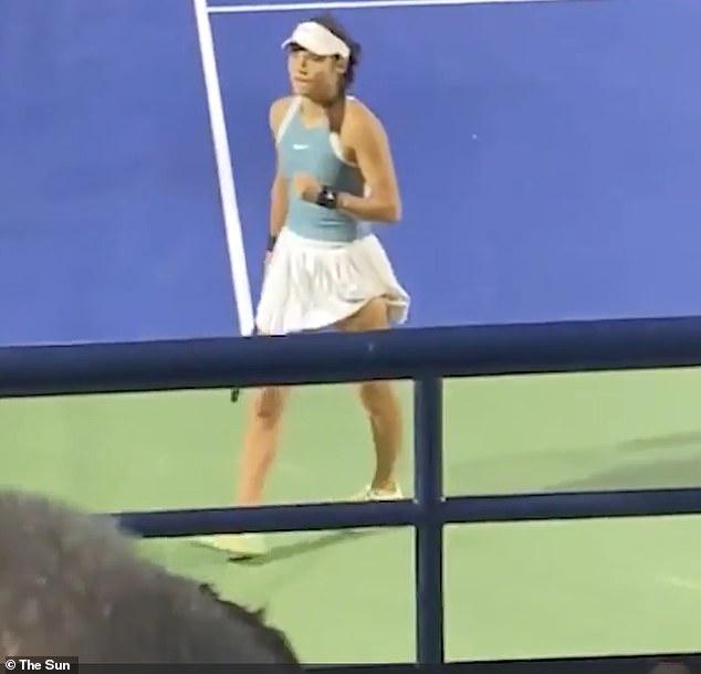 The dramatic motive shows the moment when Emma Raducanu stops the game after she sees 'stalker' in the stands, before a man is escorted by the Dubai police