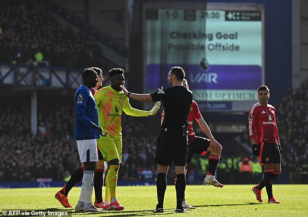 Huen fans after VAR caused a three -minute delay to verify if Everton's goal was at Man United