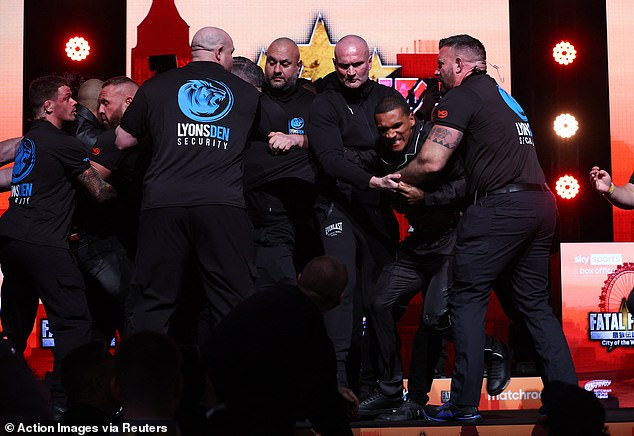 Chris Eubank Jr hits Conor Benn with an egg to trigger a fight at the launch press conference for his grudge