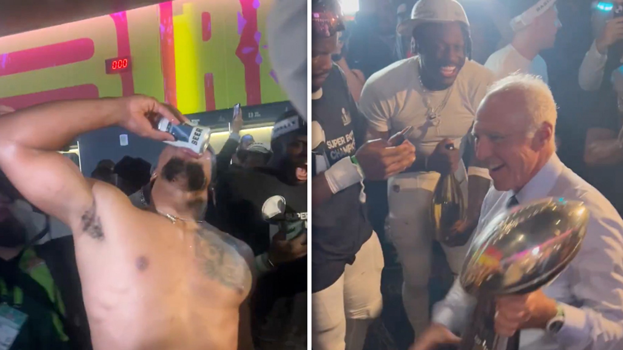 Saquon Barkley Shotguns beer, Eagles owner dances in the celebration of the changing room