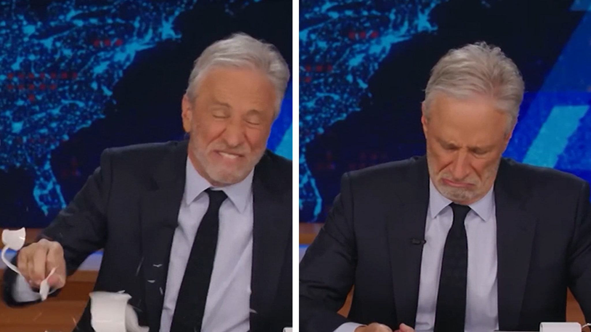 Jon Stewart cuts his hand and bleeded bloody during the mastiff on “Daily Show”.