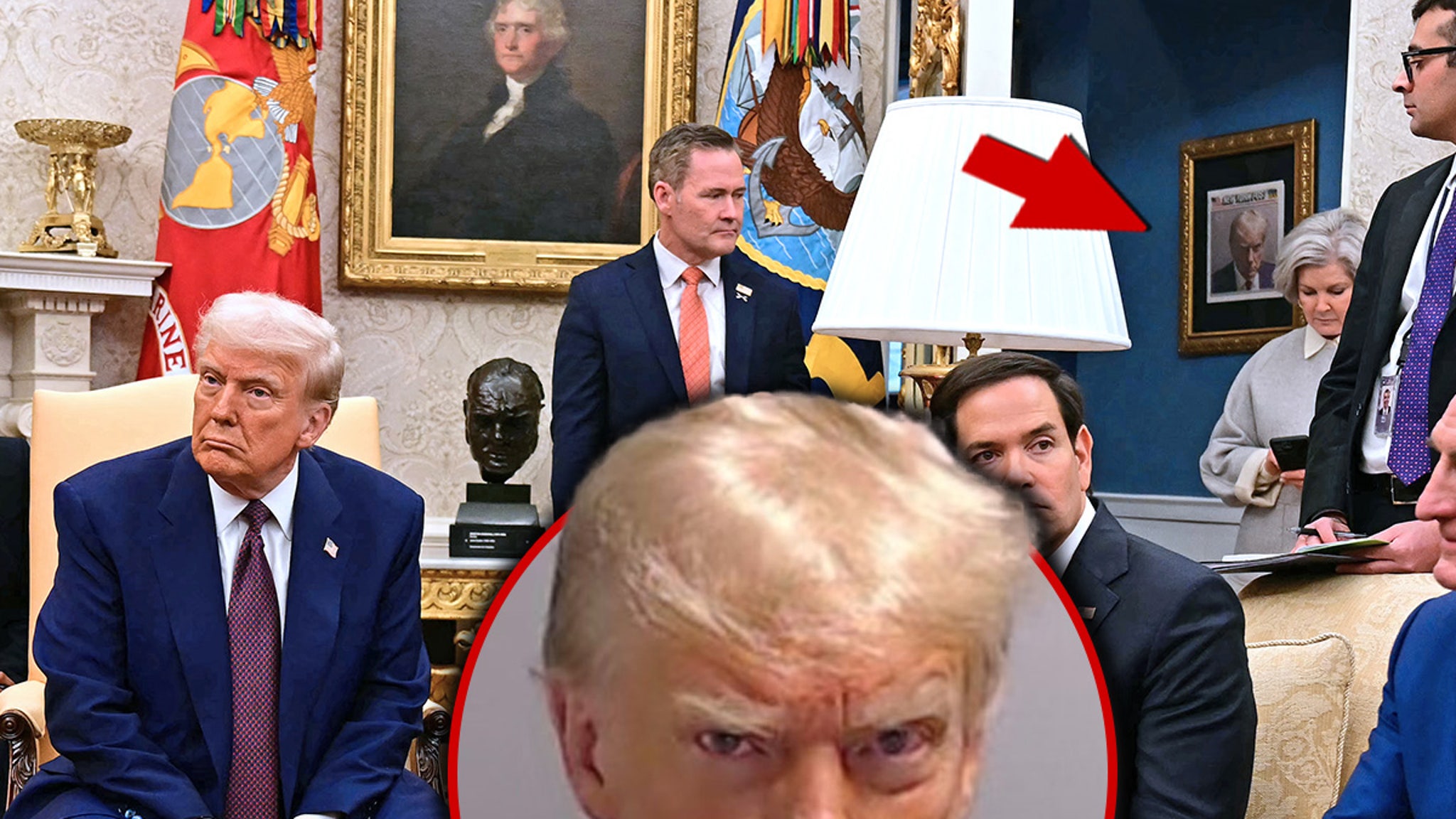 Donald Trump hangs his wanted photo outside the oval office