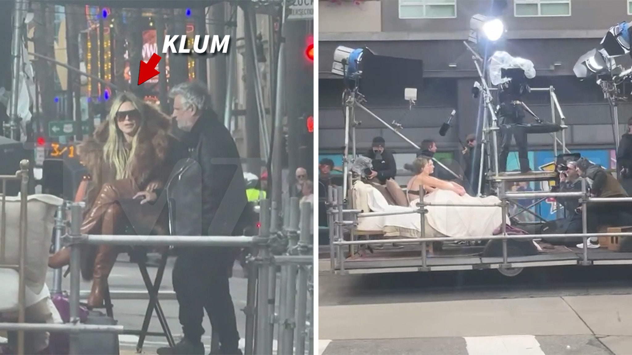 Heidi Klum watches while models pose on the flat trolleys in underwear