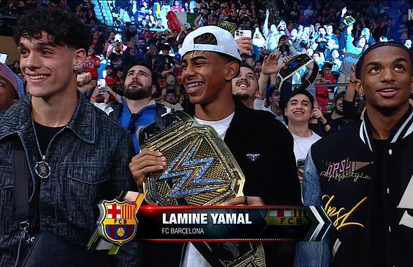 Lamine Yamal appears on WWE SmackDown in Barcelona when he meets the Triple H chief and other fighters during the company's European tour