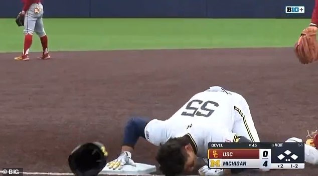 The Michigan baseball player goes viral for the wild celebration of 'cocaine' during the victory over USC