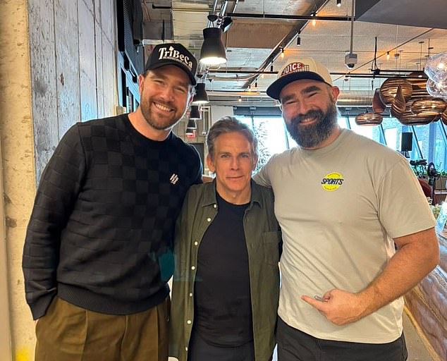 Fans break Ben Stiller for an image with Travis and Jason Kelce before the appearance of New Heights